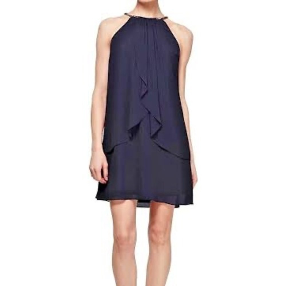 SLNY Navy Blue Beaded Halter Layered Chiffon Cocktail‎ Dress 12P 413664 NEW